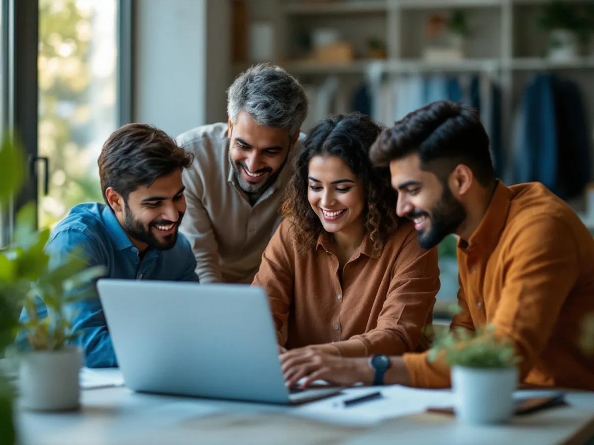 A team of Indian colleagues reviewing group health insurance options together on a laptop in a bright modern office