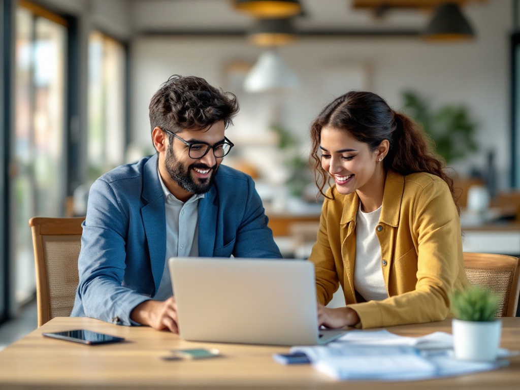 An Indian small-business owner and HR manager reviewing group health insurance costs together on a laptop