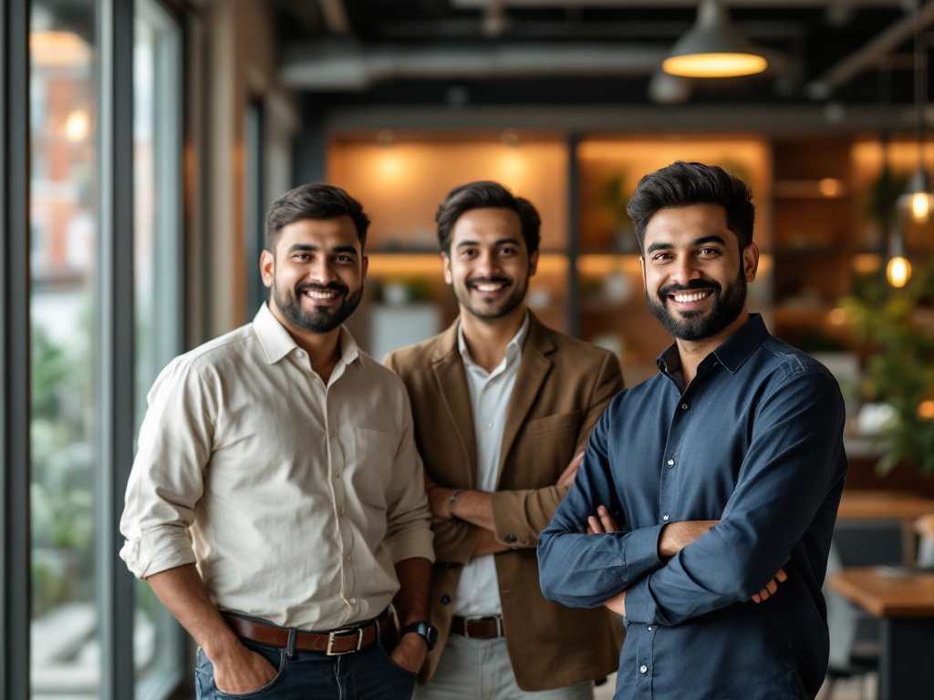 A small team of three Indian colleagues standing together confidently in a modern startup office