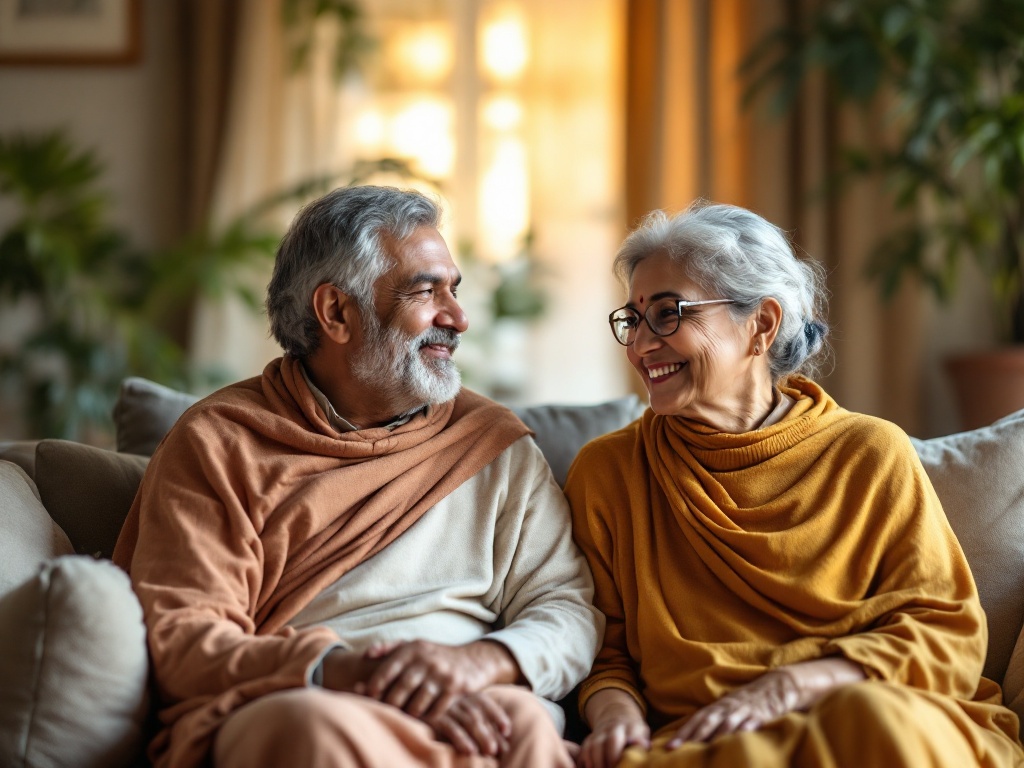An adult child and their elderly parents together, reassured by shared family health cover