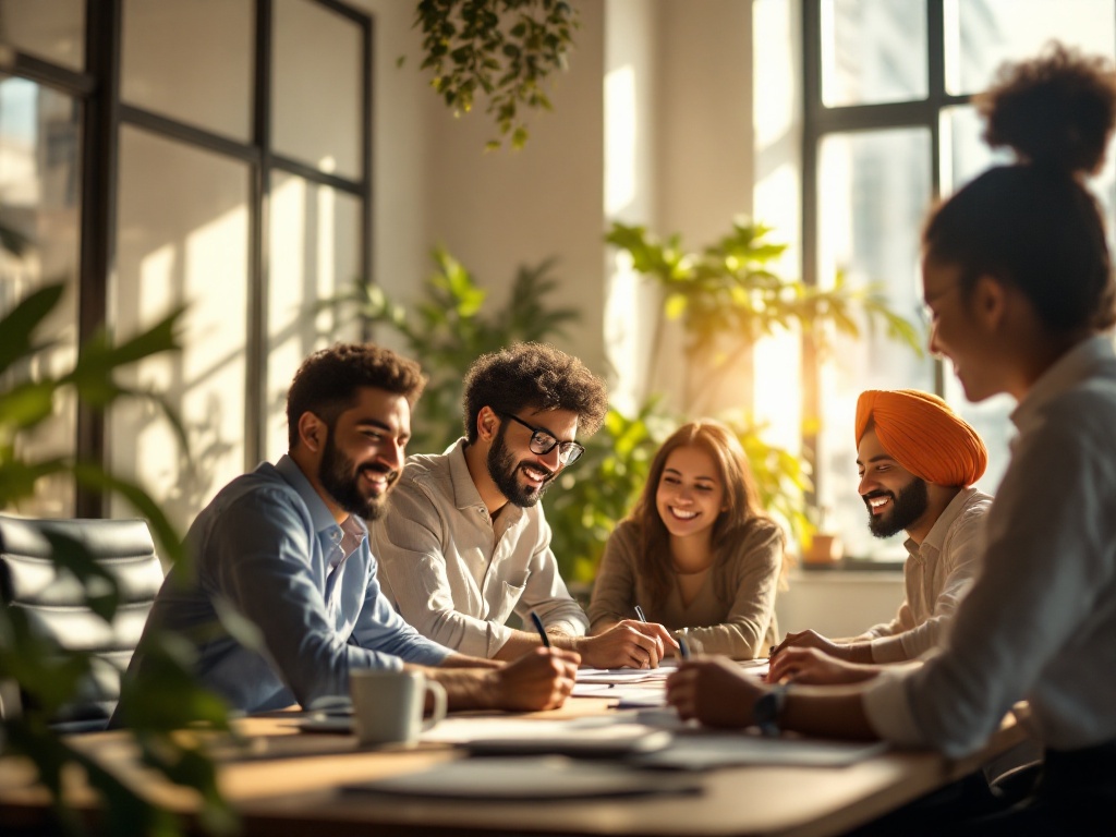 Young diverse Indian startup founders and a small team collaborating in a modern office