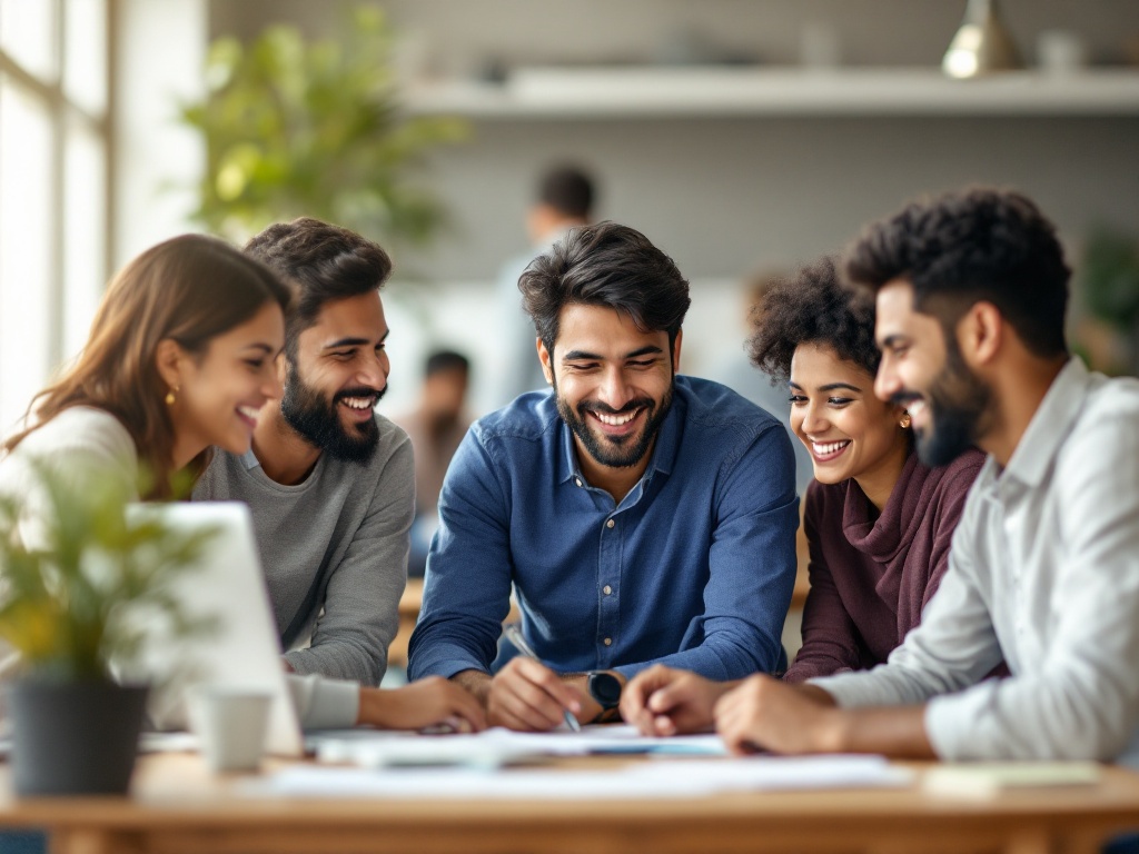 A happy, diverse team of young Indian employees collaborating in a modern office
