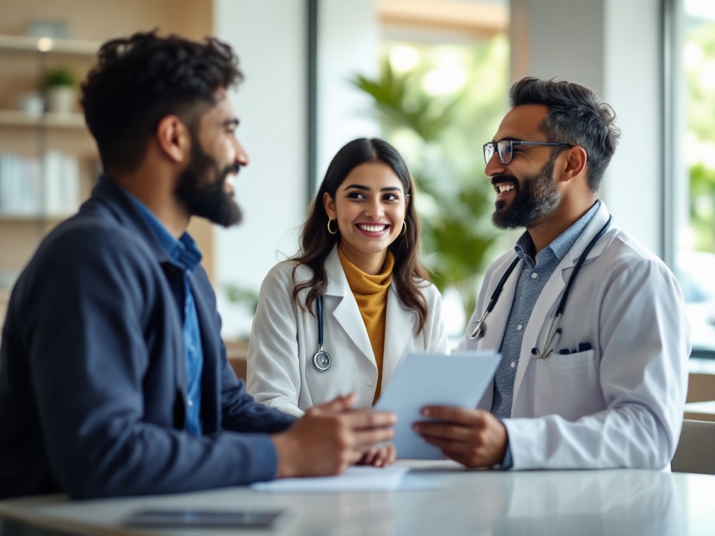 A young Indian couple discussing a health insurance policy with a doctor in a modern hospital
