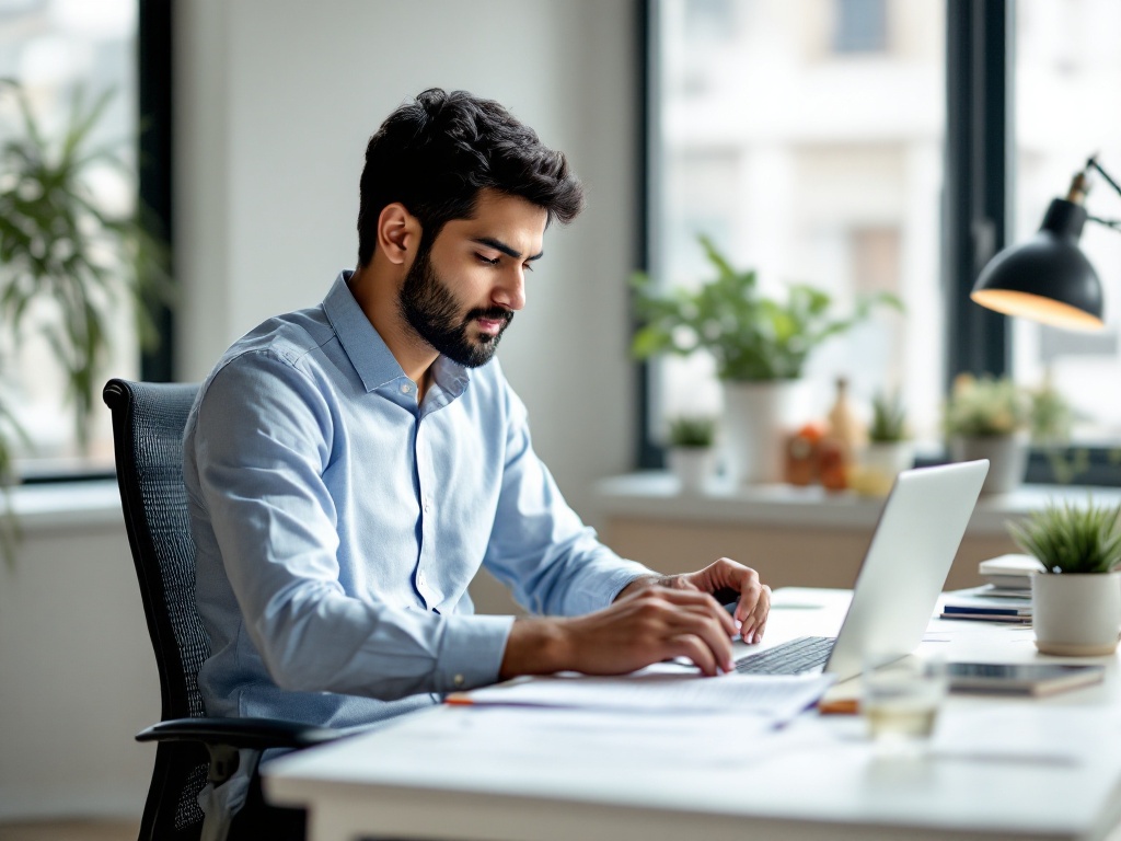 An Indian HR manager reviewing policy documents at a modern SME office desk