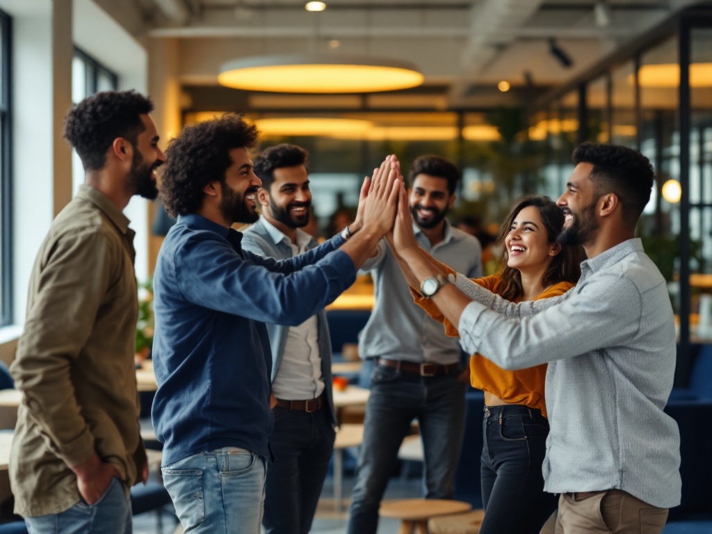 An Onsurity team celebrating a win together in a modern office breakout space