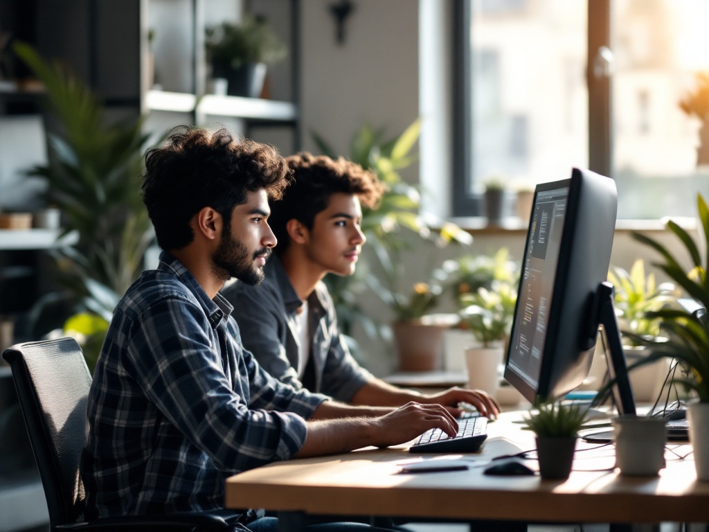 Two Onsurity teammates pair-programming at a sunlit desk