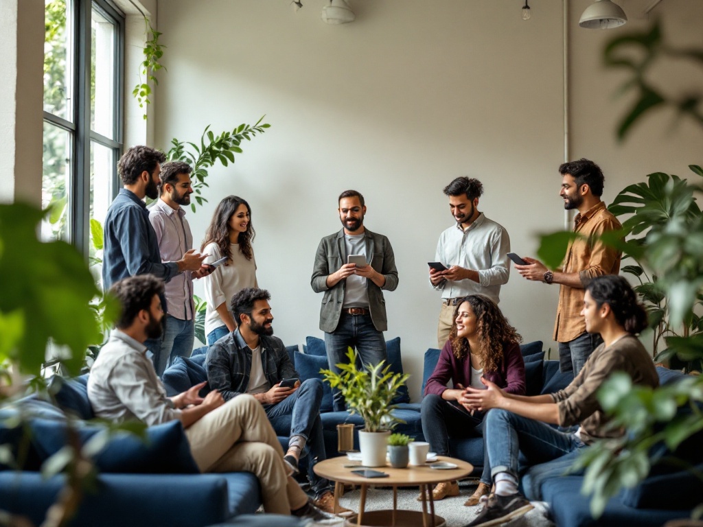 An Onsurity team in a relaxed standup meeting in a plant-filled office lounge