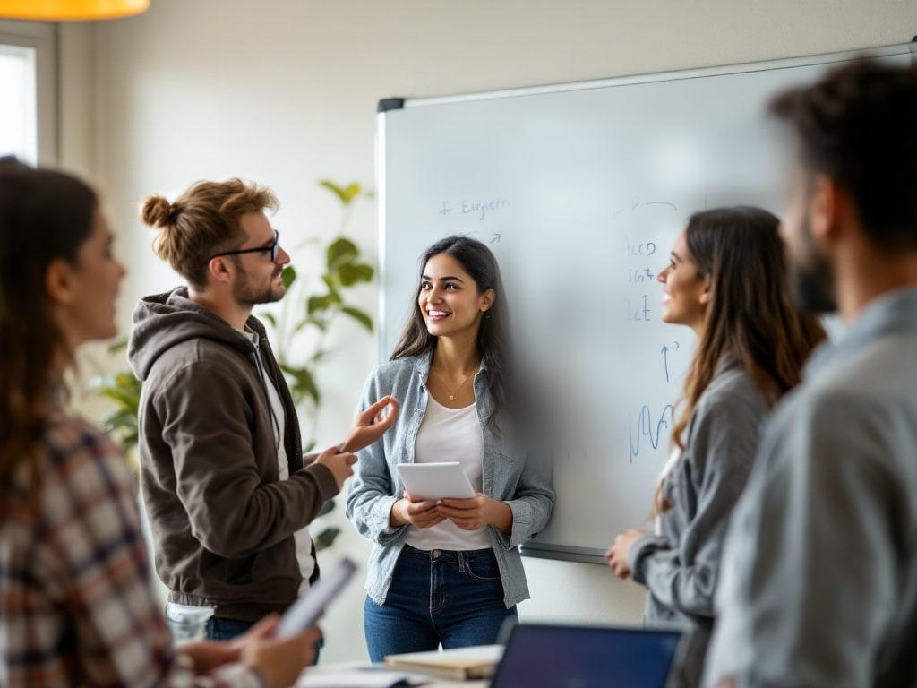 A focused young Indian woman and her colleagues discussing ideas at a whiteboard in a mission-driven health-tech startup