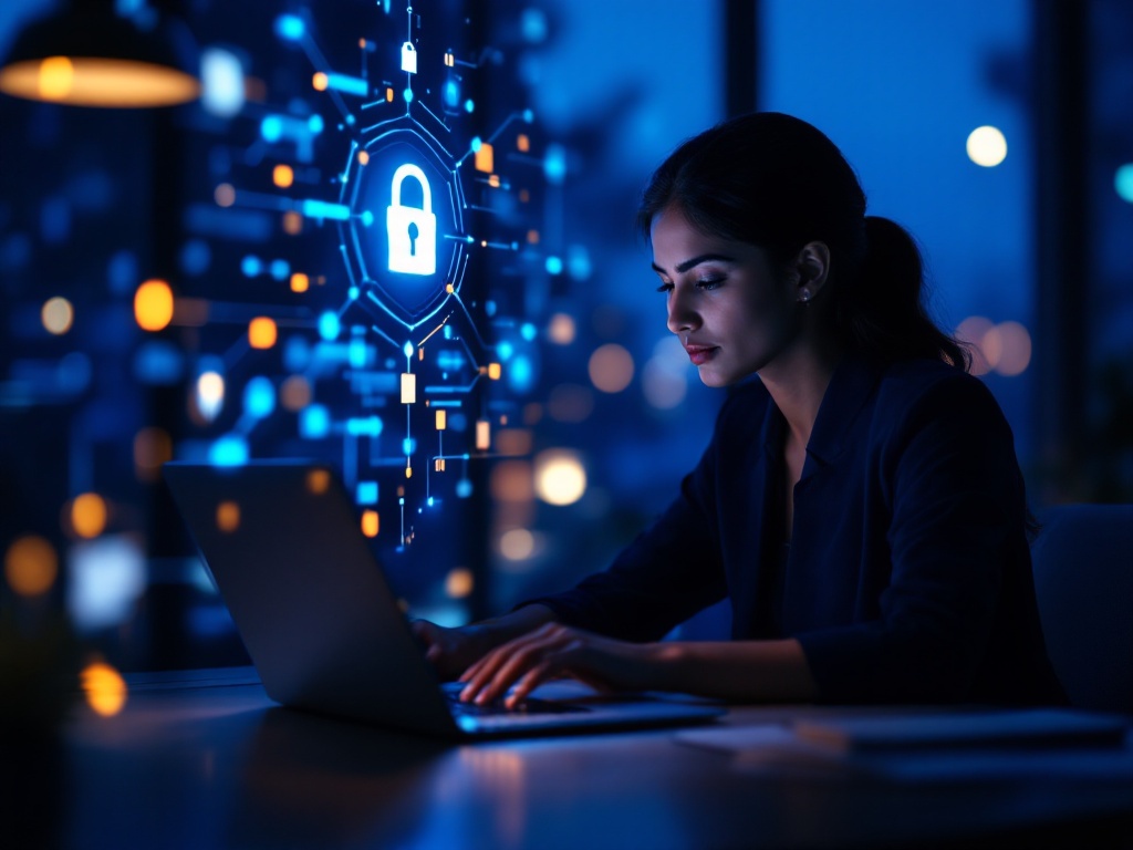 A professional reviewing secure systems on a laptop, with a digital shield and padlock protecting business data