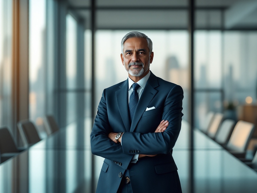 A confident senior Indian company director standing in a modern boardroom, whose personal liability is protected by D&O insurance