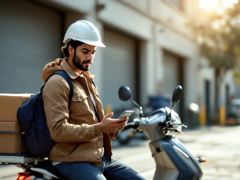 A last-mile delivery rider checking a phone beside a scooter loaded with e-commerce parcels outside an urban warehouse
