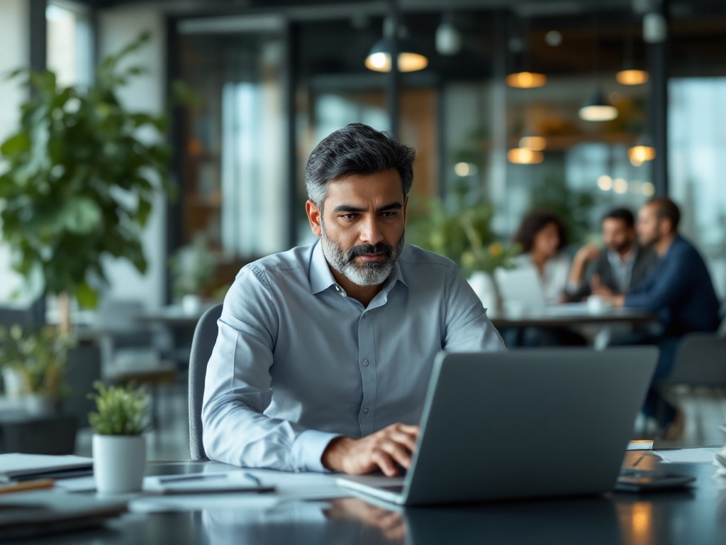 A senior Indian HR leader reviewing enterprise employee health benefits on a laptop in a modern multi-location corporate office