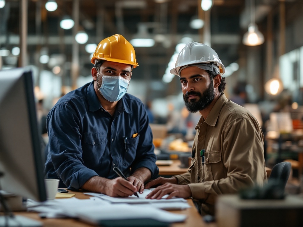 An Indian HR leader and factory owner reviewing ESIC registration and payroll compliance in an office
