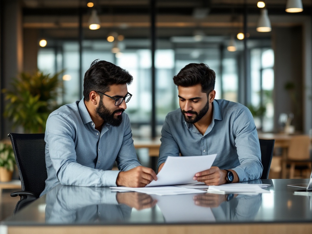 Two Indian HR and finance colleagues reviewing employee benefits paperwork at a desk in a corporate BFSI office