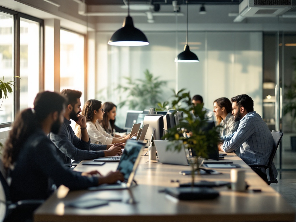 A diverse team of young Indian fintech professionals collaborating at desks in a bright modern financial-services office