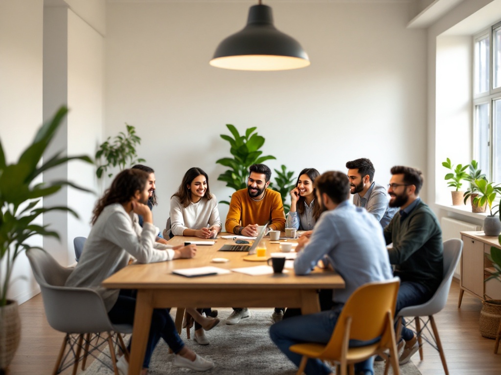 A close-knit Indian startup team of about ten people collaborating around a table in a bright modern office