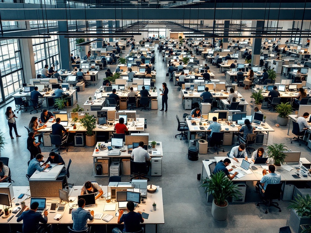 A large Indian company open-plan office floor busy with around a hundred employees at work