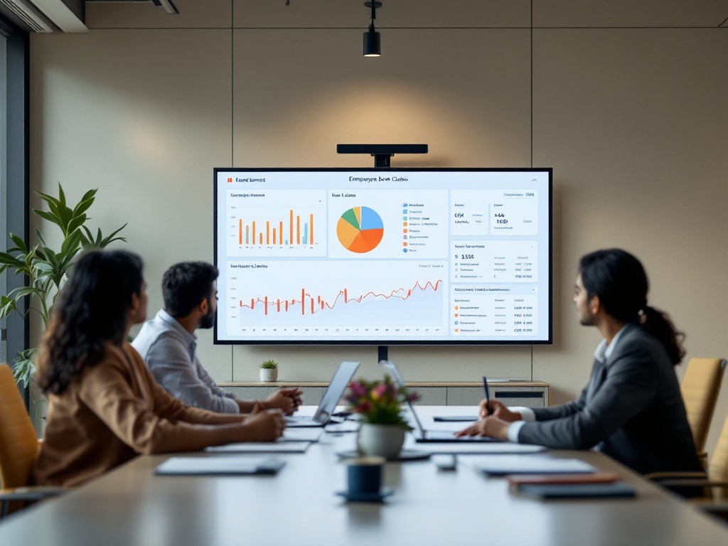 An Indian HR leadership team reviewing employee benefits and claims data in a boardroom