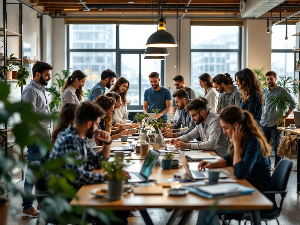 Around twenty Indian professionals collaborating in a modern open-plan startup office