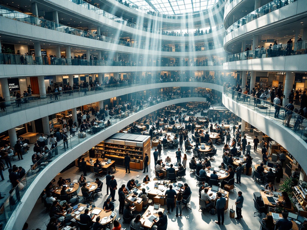 A large Indian enterprise workforce in a busy multi-floor corporate office atrium