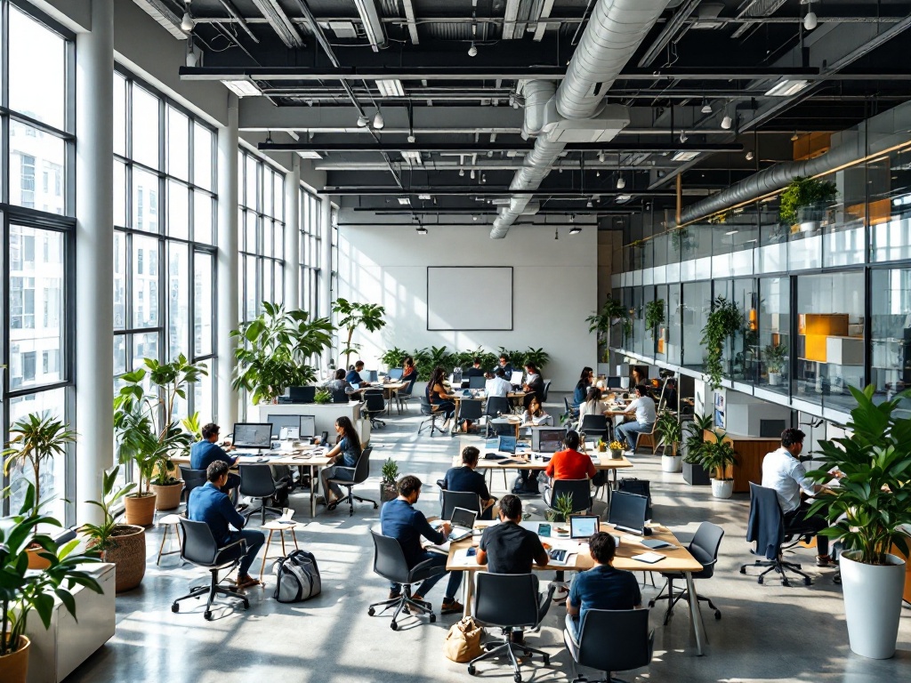 A mid-size Indian company workforce of about fifty employees across a modern office floor
