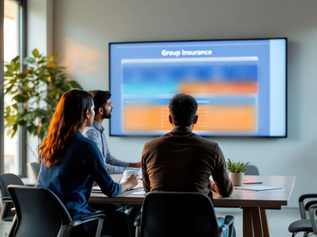 An Indian HR team reviewing group insurance plan tiers on a large screen in a meeting room