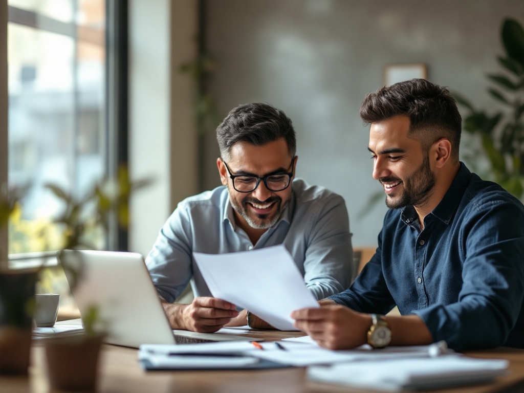 An Indian HR leader and founder planning their employee group-cover stack with documents and a laptop in a modern office