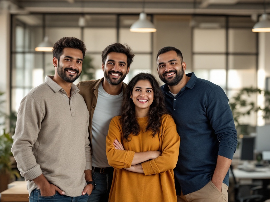 A close-knit team of young Indian professionals standing together in a modern office, covered under one group health plan