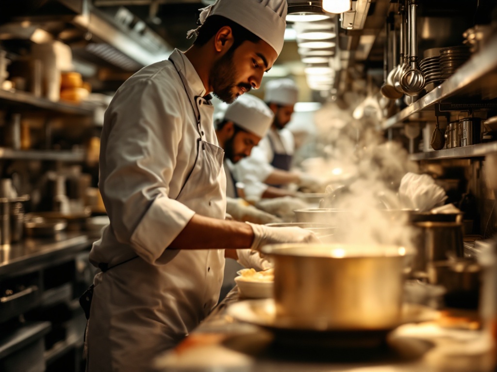 Indian chefs and kitchen stewards working briskly at stainless-steel counters in a professional restaurant kitchen
