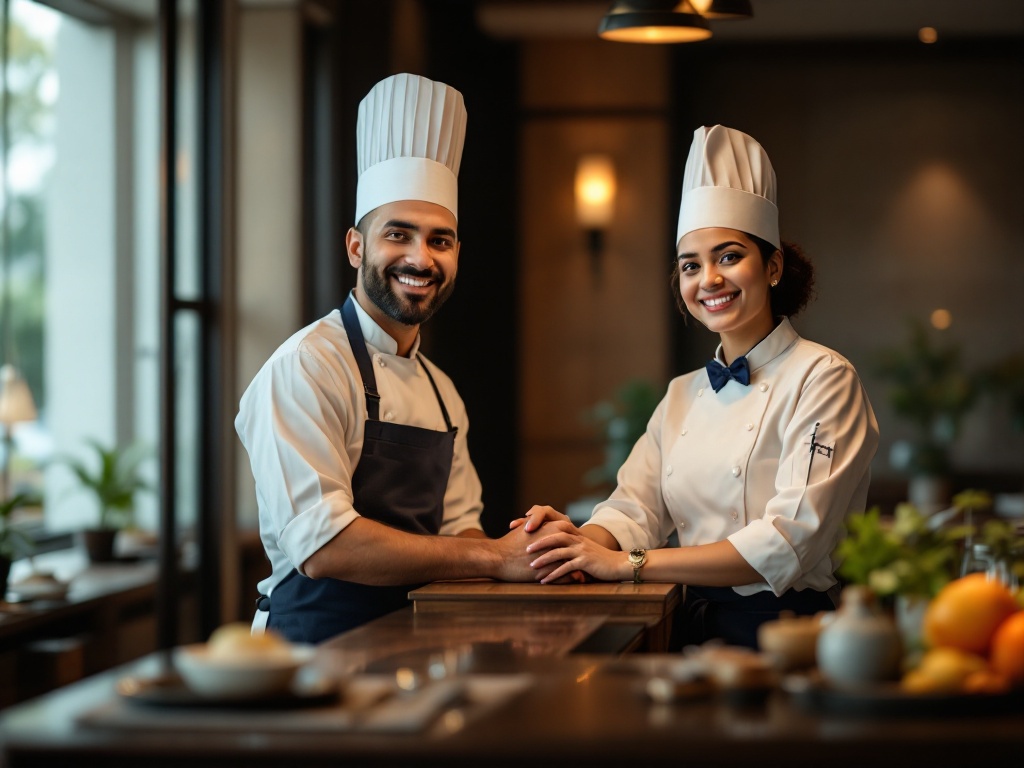 A hotel front-desk receptionist and a chef in whites in a warm upscale Indian restaurant and lobby setting