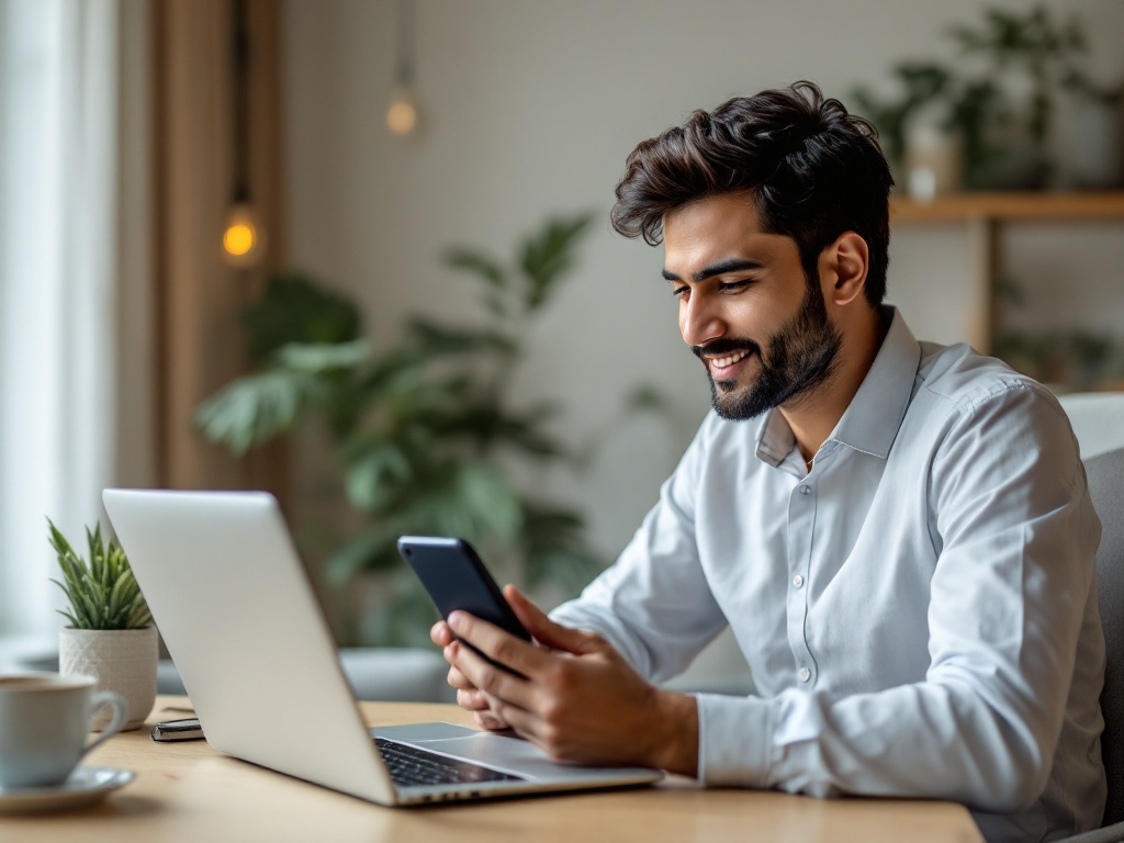 An Indian software engineer working remotely from home, taking a doctor teleconsultation on a smartphone