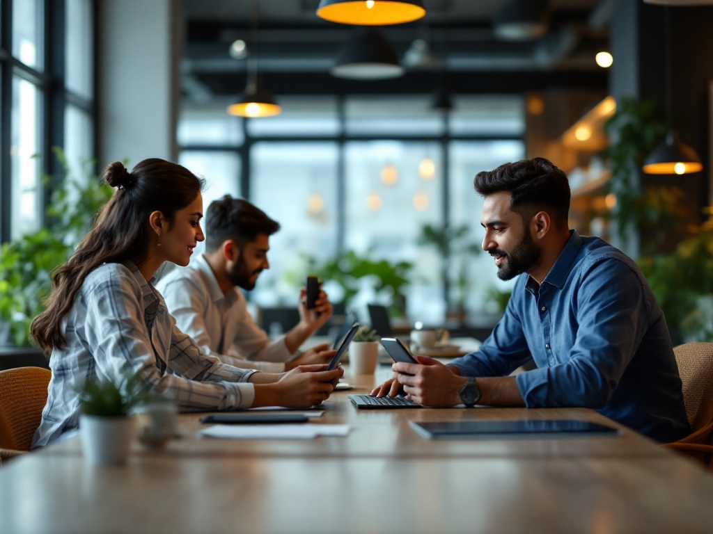 An Indian HR team managing employee benefits and payroll across laptops and phones in a modern office