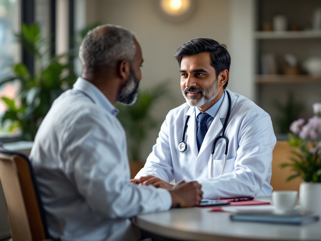 An Indian doctor consulting a patient who manages a pre-existing condition such as diabetes, in a modern clinic