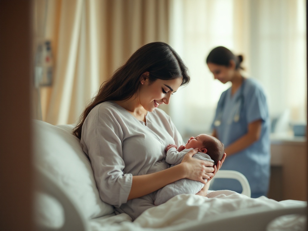 New mother holding her newborn in an Indian maternity hospital, covered by a group health plan