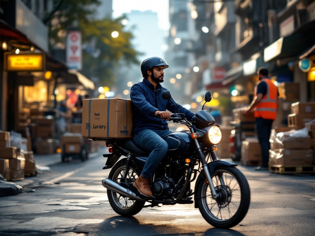 An Indian last-mile delivery rider on a motorcycle in a city street, with warehouse loaders handling parcels