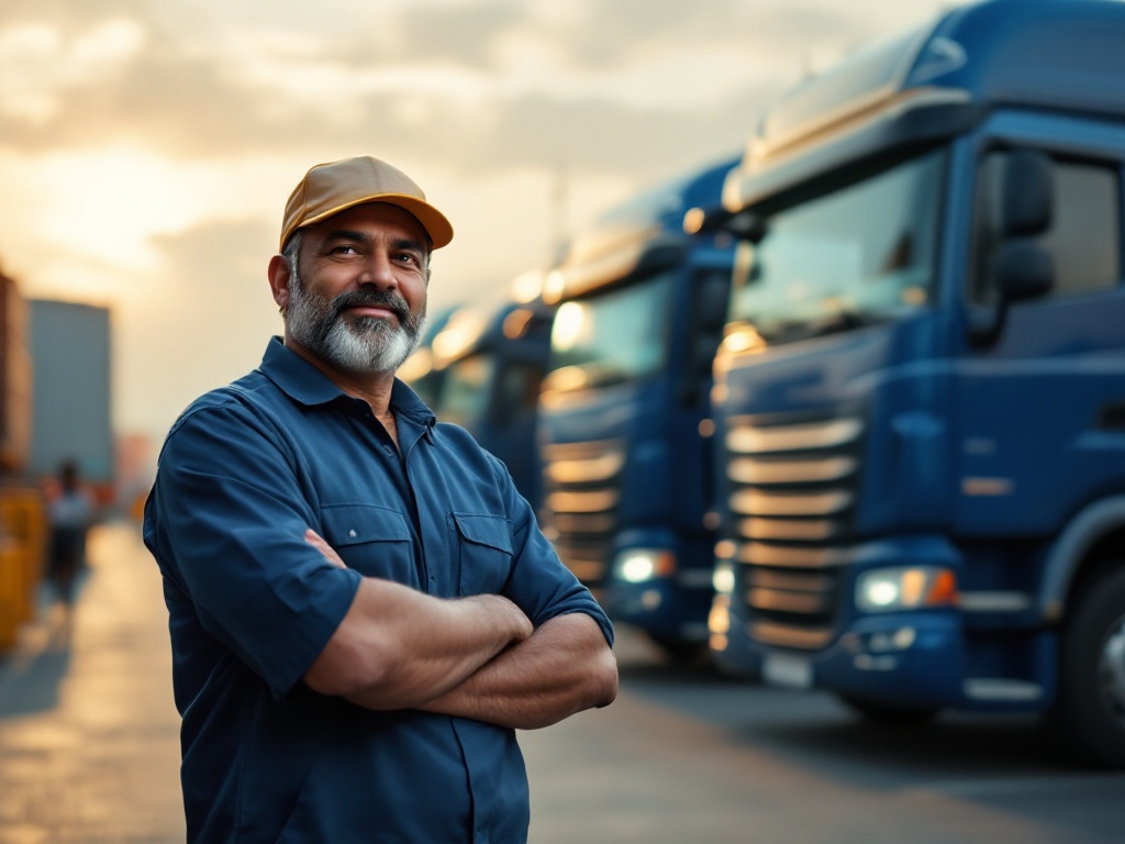 An Indian truck fleet driver standing beside lorries at a logistics distribution depot with warehouse workers behind