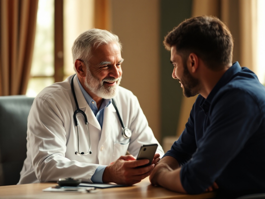 A friendly Indian doctor conducting a video teleconsultation with an employee on a smartphone