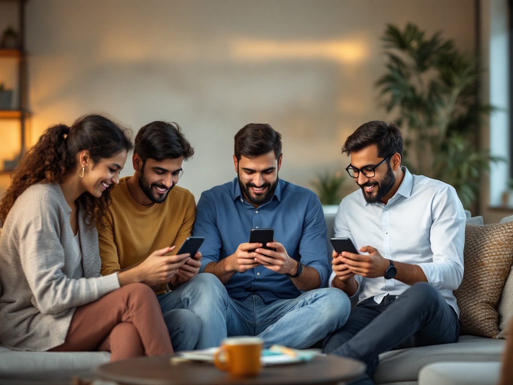A small Indian startup team in a modern office using a healthcare app on their phones together