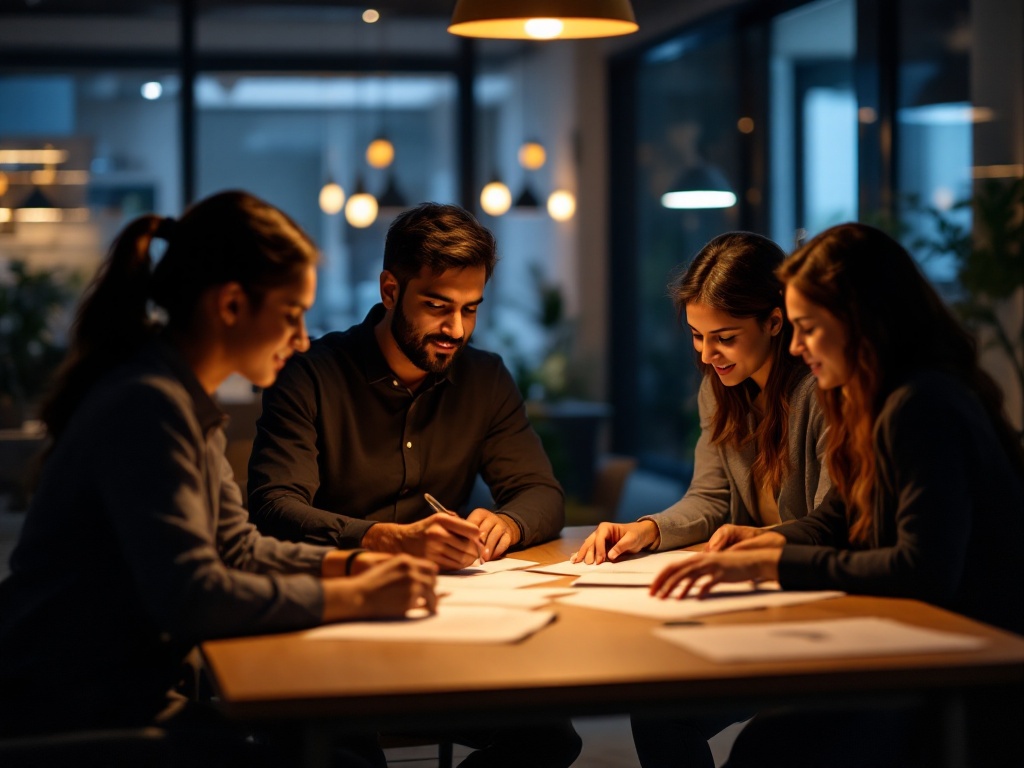 An Indian HR team coordinating new-employee onboarding paperwork around a table in a warm modern office