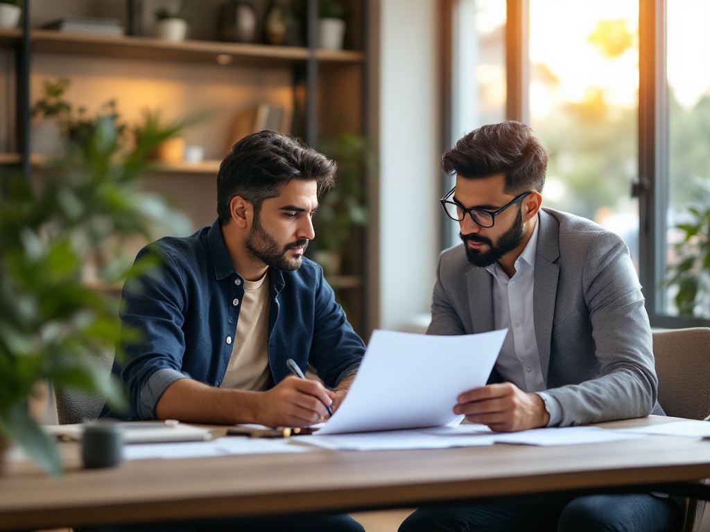 An Indian small business owner reviewing employee compliance and statutory paperwork with a labour-law advisor in a warm modern office