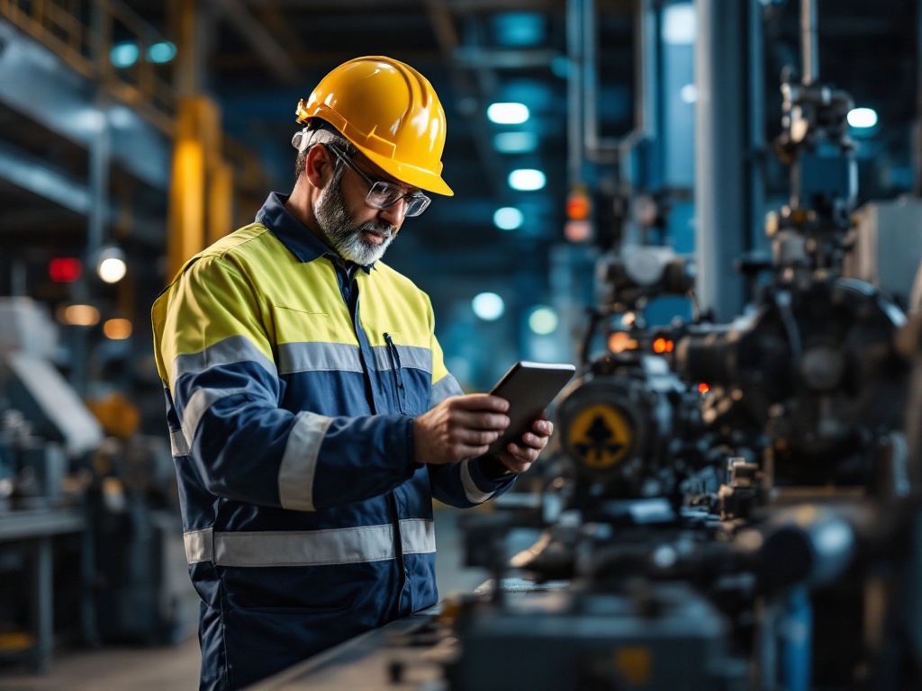 An Indian factory supervisor in safety gear reviewing operations with a machine operator on the shop floor