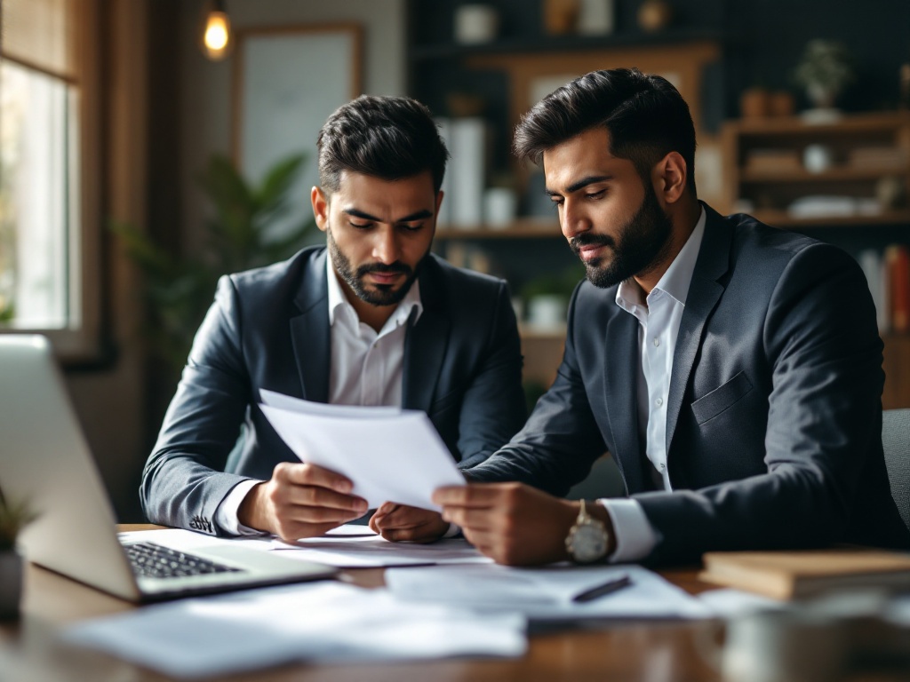 Two Indian business professionals weighing group health insurance choices with documents and a laptop