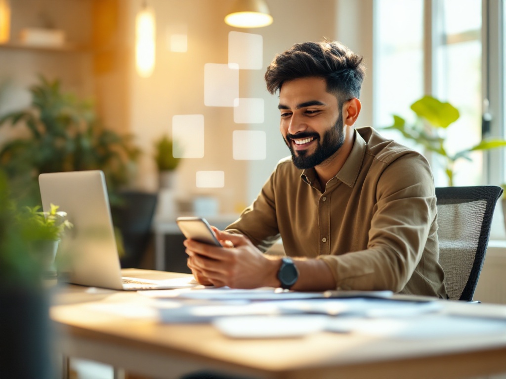 A young Indian professional in a bright office choosing between benefit options on a smartphone