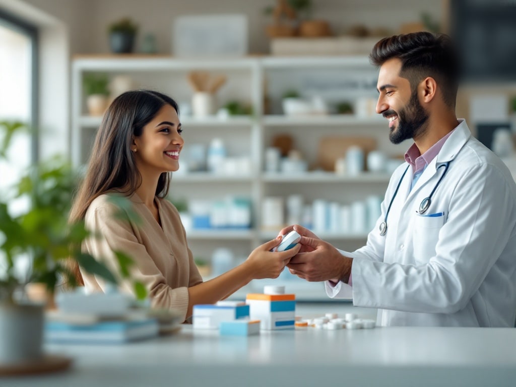 An Indian pharmacist handing medicines to a smiling young woman at a clinic pharmacy counter