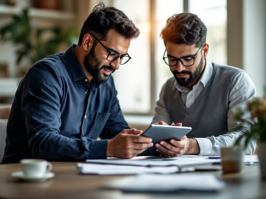 An Indian SME owner and finance manager comparing employee benefits platforms on a tablet