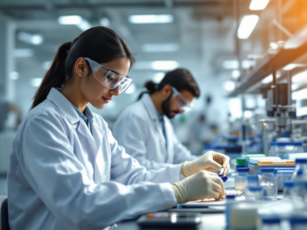 Indian pharmaceutical lab technicians in white coats and safety goggles working with instruments in a clean modern facility