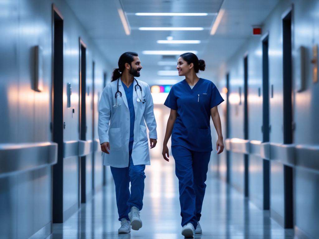 A doctor and two nurses in scrubs walking through a bright modern Indian hospital corridor