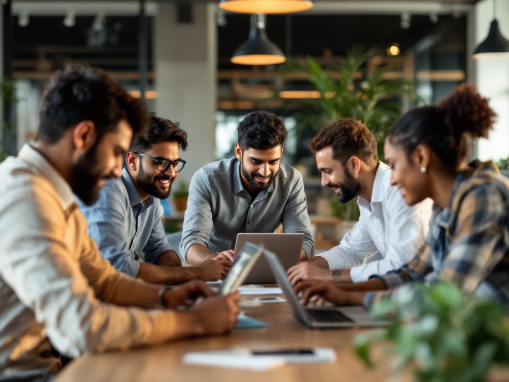 A diverse team of young Indian HR professionals comparing employee health insurance platforms on laptops in a modern Bengaluru office