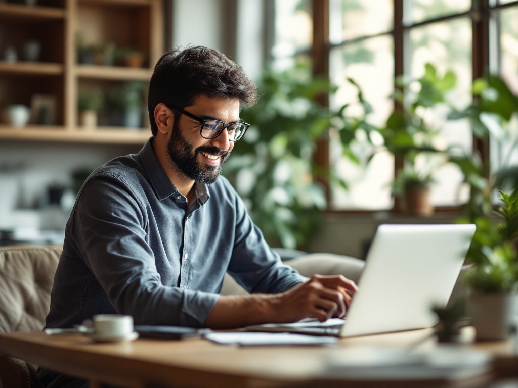 An Indian SME founder confidently choosing a monthly employee health membership on a laptop in a modern office