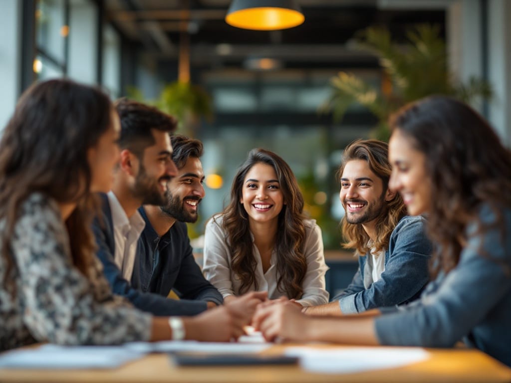 A diverse team of young Indian professionals in a modern office reviewing their company's employee benefits and business insurance on a laptop
